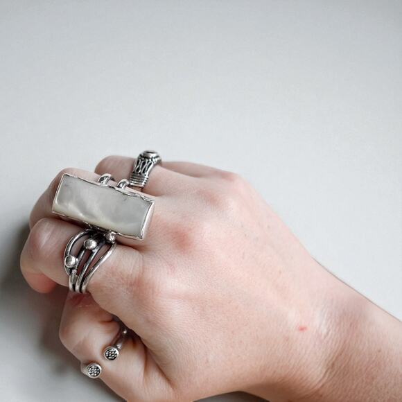 Vintage 925 Silver Abalone Shell Ring Size 8 Chunky Double Band Statement - Picture 7 of 9